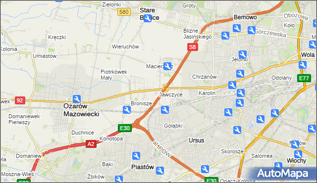 mapa Jawczyce gmina Ożarów Mazowiecki, Jawczyce gmina Ożarów Mazowiecki na mapie Targeo