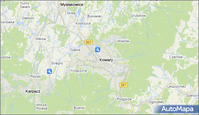 mapa Kowary powiat jeleniogórski, Kowary powiat jeleniogórski na mapie Targeo