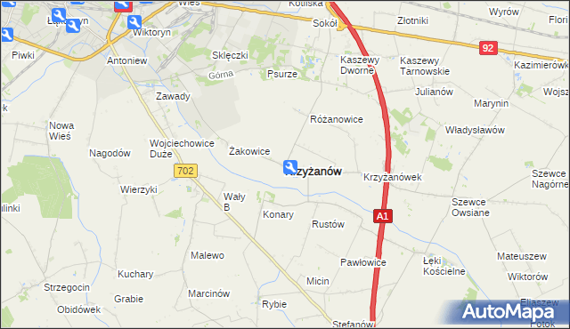 mapa Krzyżanów powiat kutnowski, Krzyżanów powiat kutnowski na mapie Targeo