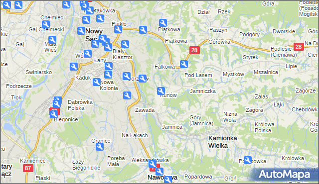 mapa Kunów gmina Chełmiec, Kunów gmina Chełmiec na mapie Targeo