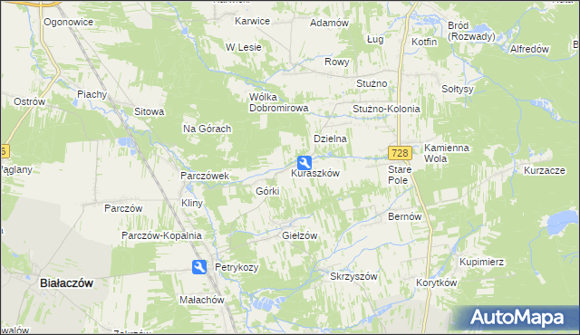 mapa Kuraszków gmina Białaczów, Kuraszków gmina Białaczów na mapie Targeo