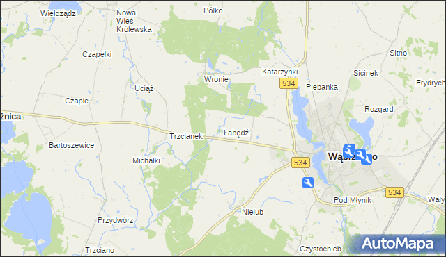 mapa Łabędź gmina Ryńsk, Łabędź gmina Ryńsk na mapie Targeo