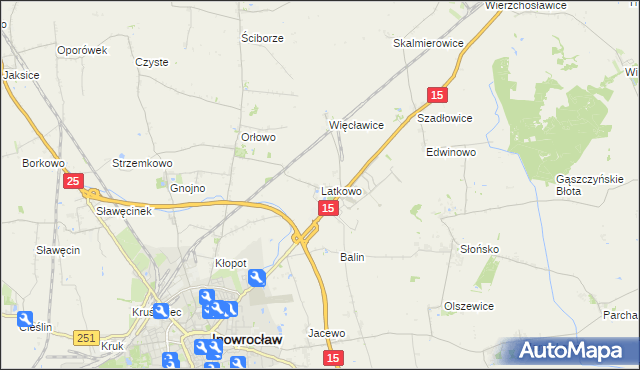 mapa Latkowo gmina Inowrocław, Latkowo gmina Inowrocław na mapie Targeo