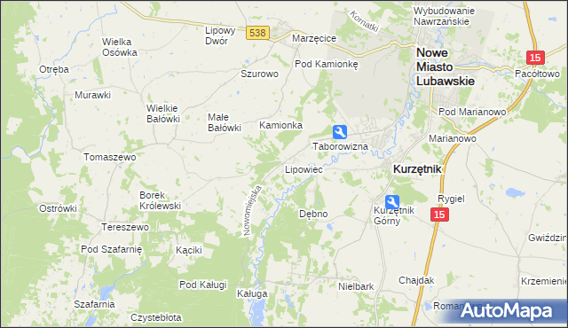 mapa Lipowiec gmina Kurzętnik, Lipowiec gmina Kurzętnik na mapie Targeo