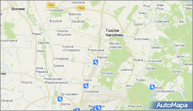 mapa Malinie gmina Tuszów Narodowy, Malinie gmina Tuszów Narodowy na mapie Targeo