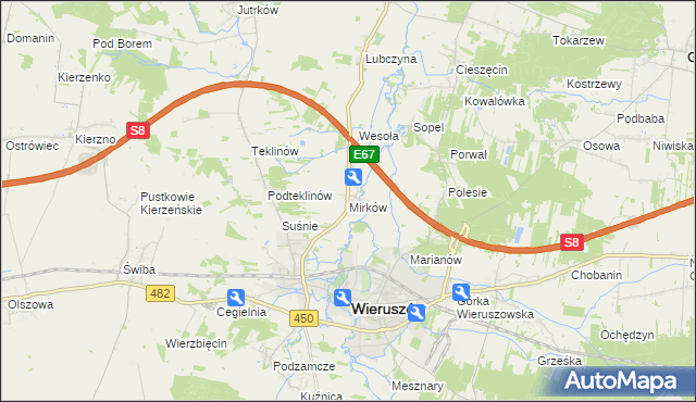 mapa Mirków gmina Wieruszów, Mirków gmina Wieruszów na mapie Targeo
