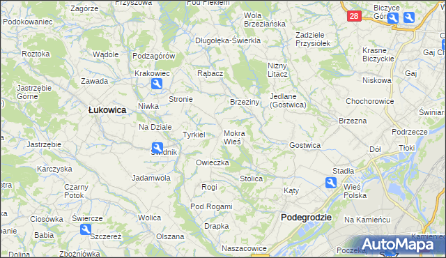 mapa Mokra Wieś gmina Podegrodzie, Mokra Wieś gmina Podegrodzie na mapie Targeo