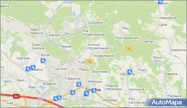 mapa Myślachowice, Myślachowice na mapie Targeo