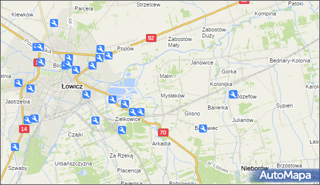 mapa Mysłaków gmina Nieborów, Mysłaków gmina Nieborów na mapie Targeo