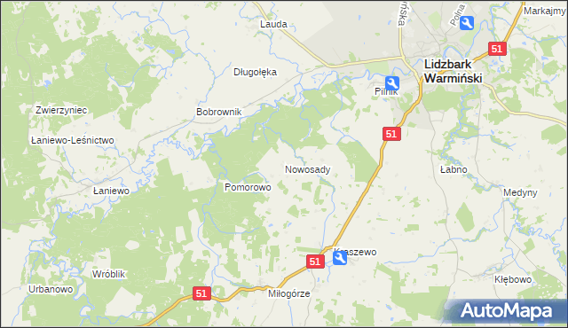 mapa Nowosady gmina Lidzbark Warmiński, Nowosady gmina Lidzbark Warmiński na mapie Targeo