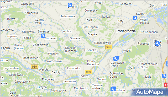 mapa Olszanka gmina Podegrodzie, Olszanka gmina Podegrodzie na mapie Targeo