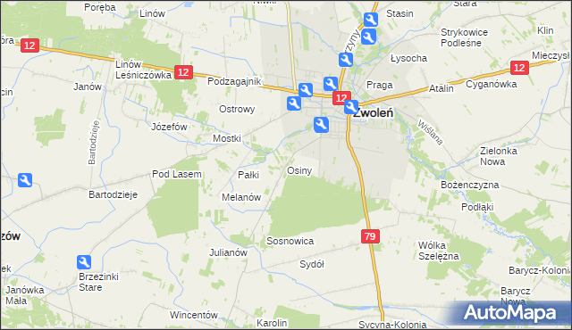 mapa Osiny gmina Zwoleń, Osiny gmina Zwoleń na mapie Targeo
