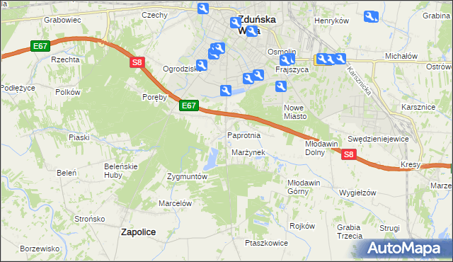 mapa Paprotnia gmina Zapolice, Paprotnia gmina Zapolice na mapie Targeo
