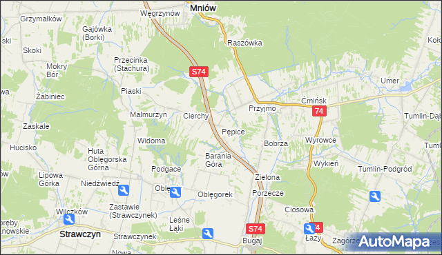 mapa Pępice gmina Mniów, Pępice gmina Mniów na mapie Targeo