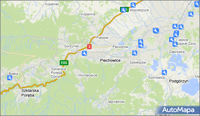 mapa Piechowice powiat jeleniogórski, Piechowice powiat jeleniogórski na mapie Targeo