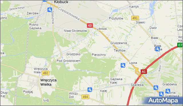 mapa Pierzchno gmina Wręczyca Wielka, Pierzchno gmina Wręczyca Wielka na mapie Targeo