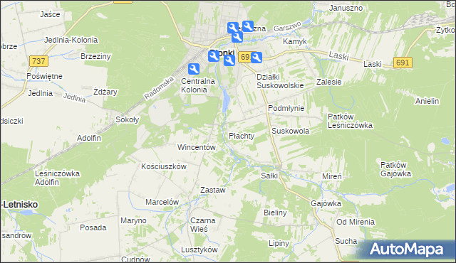 mapa Płachty gmina Pionki, Płachty gmina Pionki na mapie Targeo