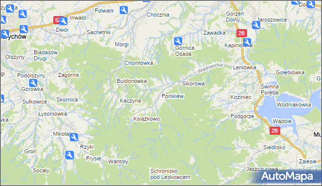 mapa Ponikiew gmina Wadowice, Ponikiew gmina Wadowice na mapie Targeo