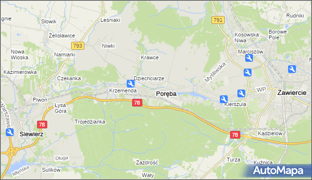mapa Poręba powiat zawierciański, Poręba powiat zawierciański na mapie Targeo