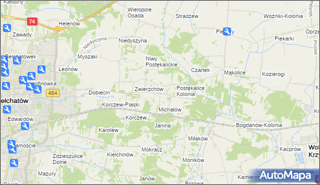 mapa Postękalice, Postękalice na mapie Targeo