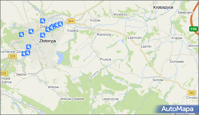 mapa Prusice gmina Złotoryja, Prusice gmina Złotoryja na mapie Targeo