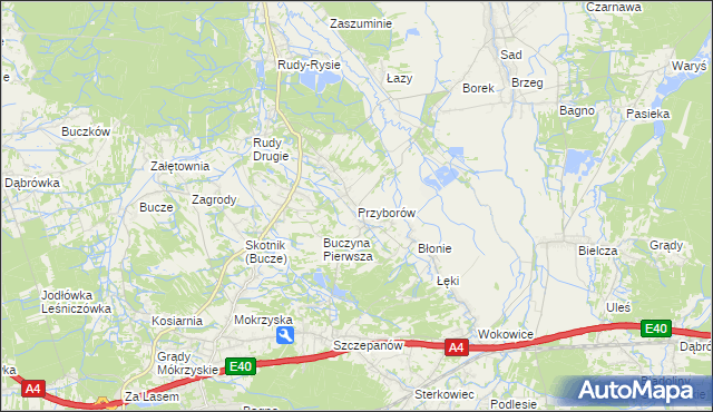 mapa Przyborów gmina Borzęcin, Przyborów gmina Borzęcin na mapie Targeo