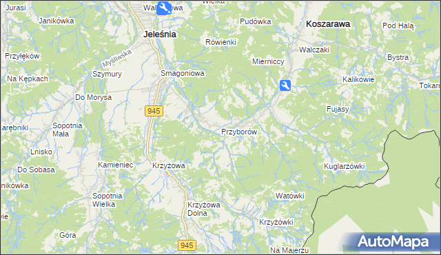 mapa Przyborów gmina Jeleśnia, Przyborów gmina Jeleśnia na mapie Targeo