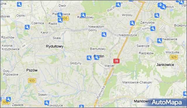 mapa Radlin powiat wodzisławski, Radlin powiat wodzisławski na mapie Targeo