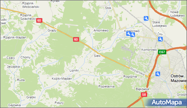 mapa Sielc gmina Ostrów Mazowiecka, Sielc gmina Ostrów Mazowiecka na mapie Targeo