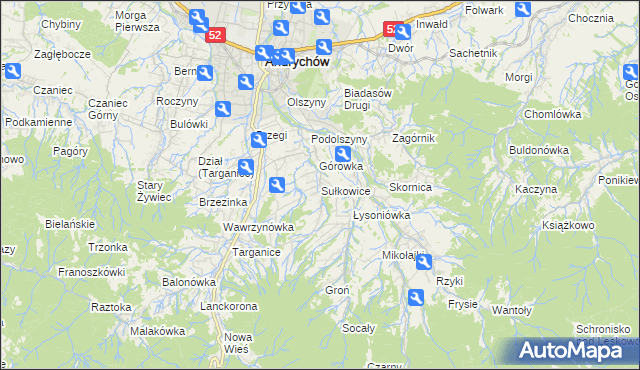 mapa Sułkowice gmina Andrychów, Sułkowice gmina Andrychów na mapie Targeo