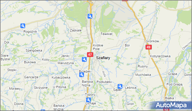 mapa Szaflary, Szaflary na mapie Targeo
