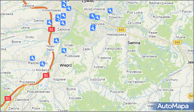 mapa Trzebinia gmina Świnna, Trzebinia gmina Świnna na mapie Targeo