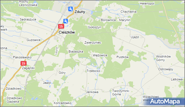mapa Wężowice gmina Cieszków, Wężowice gmina Cieszków na mapie Targeo