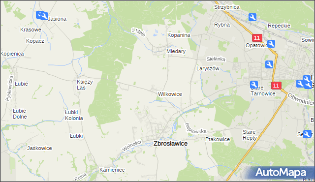 mapa Wilkowice gmina Zbrosławice, Wilkowice gmina Zbrosławice na mapie Targeo