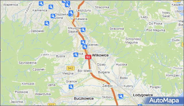 mapa Wilkowice powiat bielski, Wilkowice powiat bielski na mapie Targeo