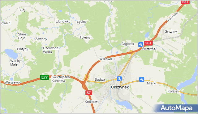 mapa Wilkowo gmina Olsztynek, Wilkowo gmina Olsztynek na mapie Targeo