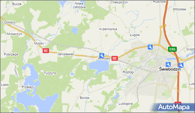 mapa Wilkowo gmina Świebodzin, Wilkowo gmina Świebodzin na mapie Targeo