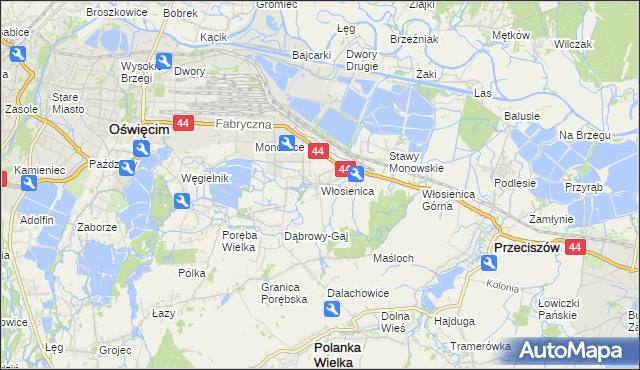 mapa Włosienica gmina Oświęcim, Włosienica gmina Oświęcim na mapie Targeo