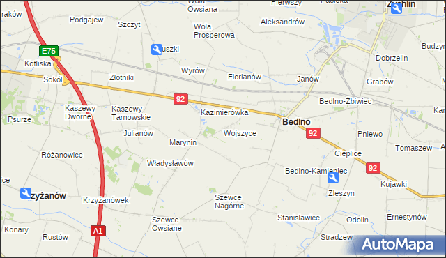 mapa Wojszyce gmina Bedlno, Wojszyce gmina Bedlno na mapie Targeo