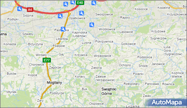 mapa Wrząsowice, Wrząsowice na mapie Targeo