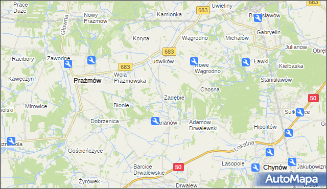 mapa Zadębie gmina Prażmów, Zadębie gmina Prażmów na mapie Targeo