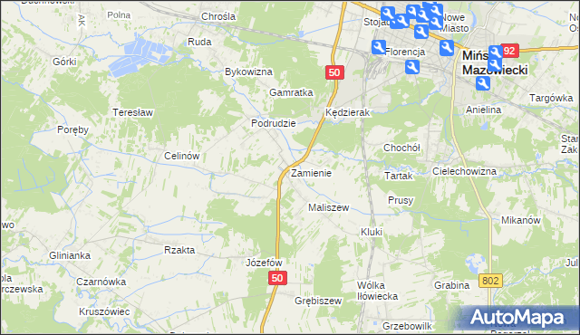 mapa Zamienie gmina Mińsk Mazowiecki, Zamienie gmina Mińsk Mazowiecki na mapie Targeo