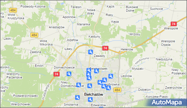 mapa Zawady gmina Bełchatów, Zawady gmina Bełchatów na mapie Targeo