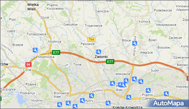 mapa Zielonki powiat krakowski, Zielonki powiat krakowski na mapie Targeo