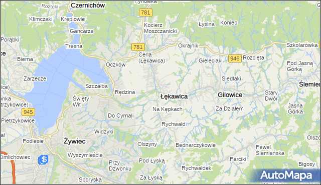 mapa Łękawica powiat żywiecki, Łękawica powiat żywiecki na mapie Targeo