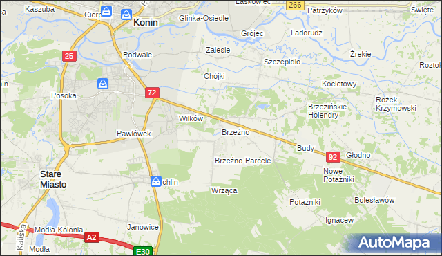 mapa Brzeźno gmina Krzymów, Brzeźno gmina Krzymów na mapie Targeo