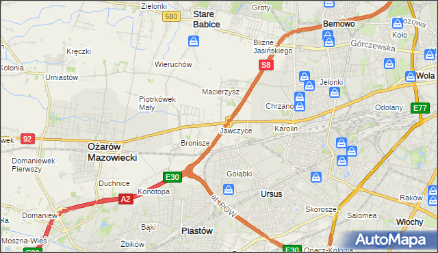 mapa Jawczyce gmina Ożarów Mazowiecki, Jawczyce gmina Ożarów Mazowiecki na mapie Targeo