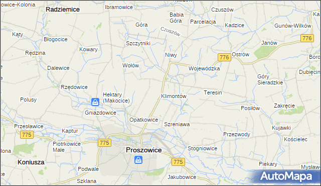 mapa Klimontów gmina Proszowice, Klimontów gmina Proszowice na mapie Targeo