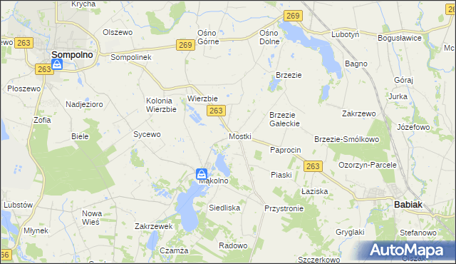 mapa Mostki gmina Sompolno, Mostki gmina Sompolno na mapie Targeo