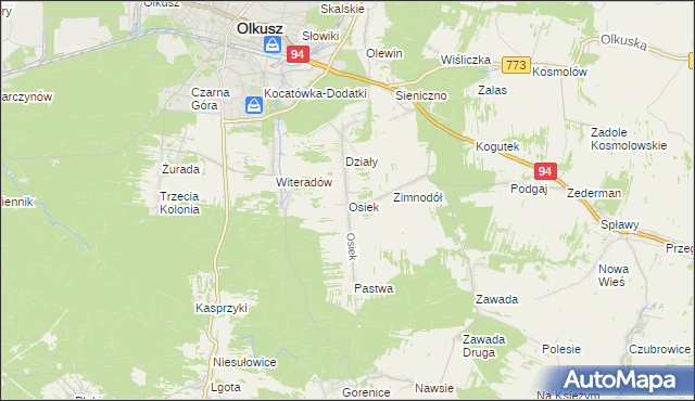 mapa Osiek gmina Olkusz, Osiek gmina Olkusz na mapie Targeo